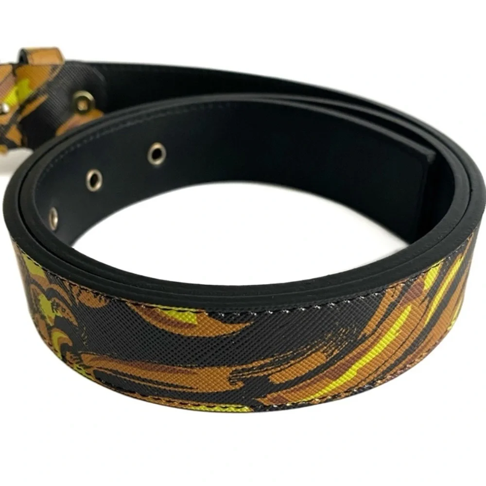 VERSACE JEANS COUTURE Black Gold Buckle Signature Print Leather Belt NWT